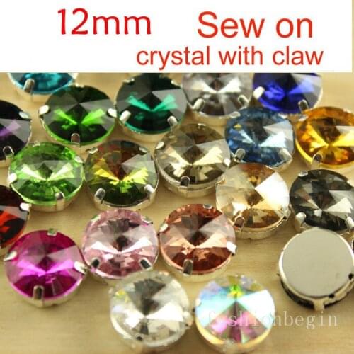 24pcs glass Rhinestone 12mm with silver claw setting Sew On Crystal Round Stone Silver Plate many colors~U choose