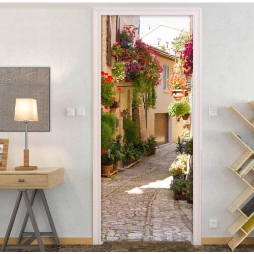 3D Wallpaper PVC Self-adhesive Waterproof Photo Wall Door Sticker European Street View Cafe Restaurant Door Mural Contact Paper