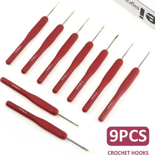 9Pcs/Set Red Metal Crochet Hooks Kit Durable TPR Aluminum Knitting Needles Braid Set With Soft Rubber Handles Aluminum Hook