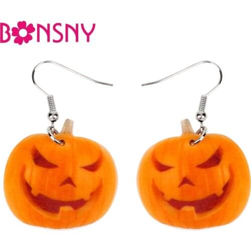 Bonsny Acrylic Halloween Smile Pumpkin Earrings Big Long Dangle Drop Novelty Novelty Jewelry For Women Girl Teens Gift Statement
