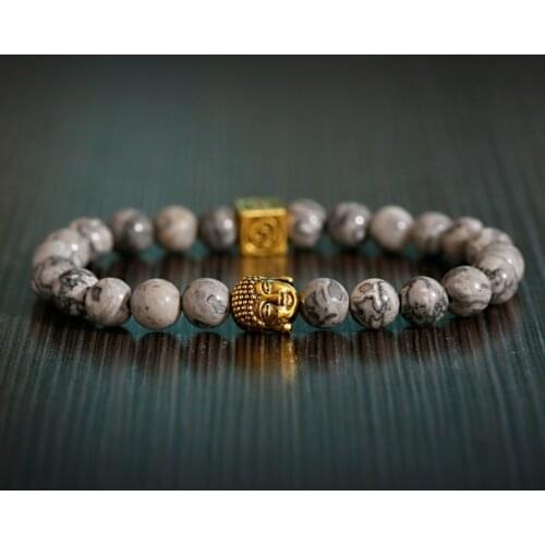 Charm Buddha Bracelet Homme Women 8mm Ethnic Buddhism Elastic Gray May Stone Bracelets Men Erkek Bileklik