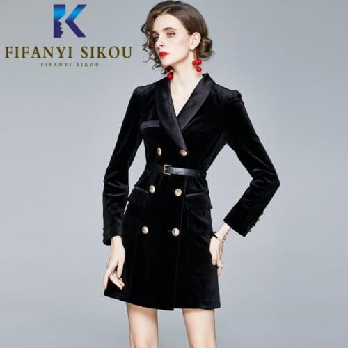Black Elegant Velvet Dress Women Double Breasted Fashion Long Sleeve High waist Suit Dress Jacket Ladies Autumn Slim Party Dress
