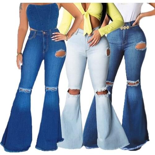Women High Waist Slim Denim Jeans Ladies Ripped Hole Stretch Skinny Flare Jeans Pants Plus Size S-3XL