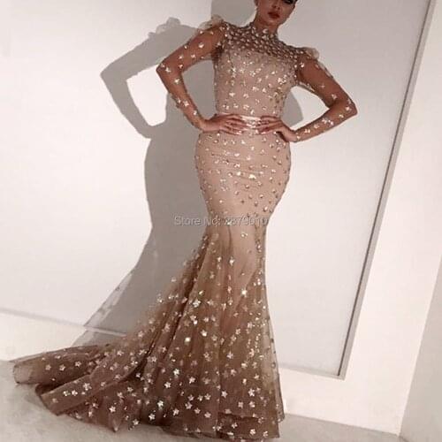 Elegant High Neck Evening Dress Mermaid Full Sleeves Floor-Length Tulle Sash Prom Dress Lady Dress Women Dress Gown Dress Dubai