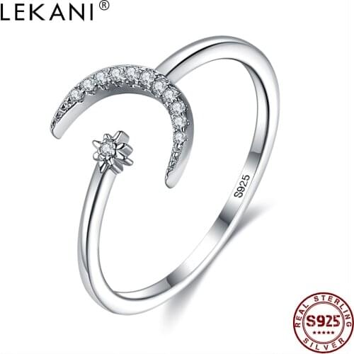 LEKANI Authentic 925 Sterling Silver Simple Open Adjustable Finger Rings For Women 5A Clear Cubic Zirconia Fine Female Jewelry
