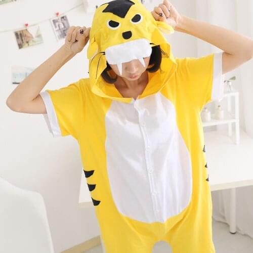Summer Tiger Pajama Animal Cartoon Sleepwear Onesie Hooded Kigurumi Women Men Unisex Adult Short Sleeve Cotton Homewear