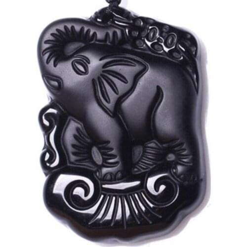 Men Necklace Pendant Black Obsidian Carved Long Nosed Elephant Pendant Gift for Women Fine Jewelry Free Chain