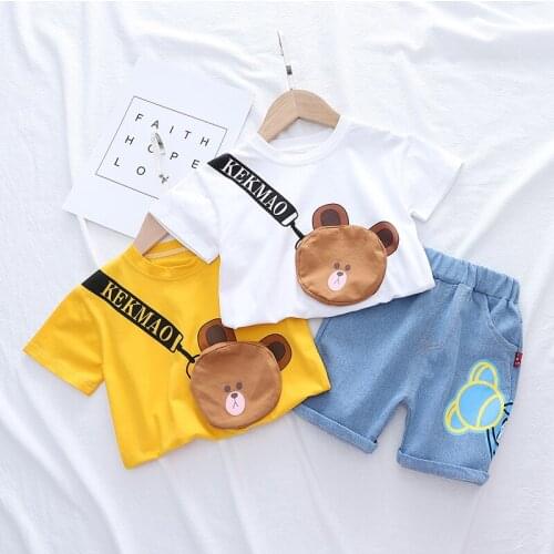 New Fashion Baby Boys Clothes Sets Summer Children Cartoon Satchel T-shirt+Denim Shorts Kids Cotton Suits Toddler Girls Clothing