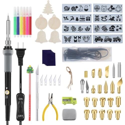 Wood Burning Carving Pyrography Pen DIY Kit 60W US/EU Adjustable Temperature Welding Soldering Iron Wood Embossing Burning Set