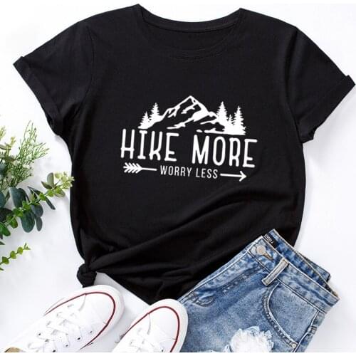 Hike More Worry Less Cotton T-shirt Casual Unisex Short Sleeve Graphic Hiking Outdoors Tees Tops Funny Women Camping Tshirt