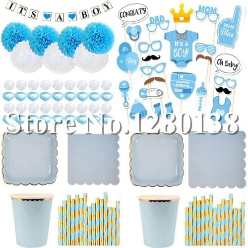 Gender Reveal Party Tableware Decorations Blue Paper Plates Cups Straws Napkins Paper Flowers Bunting Banner for Baby Shower