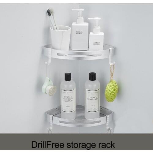 Drill free bathroom shelf corner storage rack organizer shower wall mounted shampoo shower self adhesive storage shelf holder