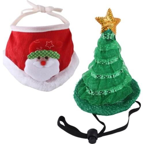 Santa Hat With Scarf Christmas Hats Cap Size For Puppy Kitten Flannel Small Cats Pets Costume Green Pet Supplies Bib Set