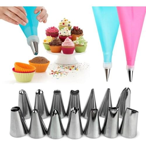 16 PCS/Set Silicone Kitchen Accessories Icing Piping Cream Pastry Bag +14 Stainless Steel Nozzle Set DIY Cake Decorating Tips