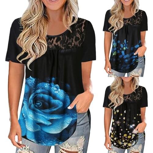 Women O-Neck Short Sleeve T-Shirt Fashion Lace Printing Splicing Blouse Tops Flowers Plants Printing Daily All-match Girls Shirt