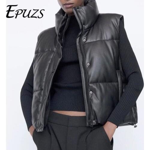 ZA 2021 women Black Warm Faux Leather Vest Coat Casual Zipper Sleeveless Jacket Female Short Cotton Outwear
