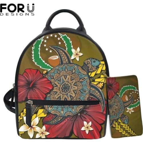 FORUDESIGNS Vintage Pohnpei With Yellow Turtle Tribal Design Ladies Mini Backpacks Pu Leather School Bags for Girls Bolsas Mujer