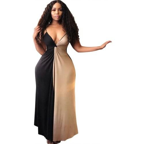 Color Block Spliced Summer Bohemian Dress Women Spaghetti Strap Sleeveless Club Party Dress Sexy Deep V Neck Backless Maxi Dress
