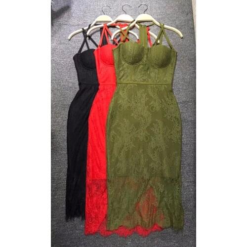 Womens Black Red Army Sexy Spaghetti Strap Party Clubwear Bodycon Bandage Lace Dress