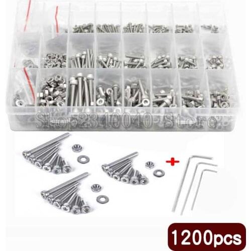 1200pcs M2 M3 M4 Stainless Steel Hex Socket Head Screws Nuts & Washers Kit Hexagon Socket Head Cap Socket Screw Free wrench