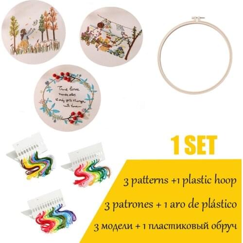 3 pieces/set DIY Embroidery Kit with Hoop Pattern printed Cross Stitch Kit Handwork Needlework for Beginner Handmade Craft