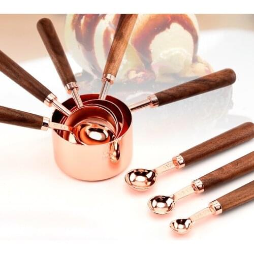4pcs Rose Gold Stainless Steel Copper Plateing Measuring Cups Spoon Set Walnut Wooden Handle For Kitchen Dining Bar Baking Tools