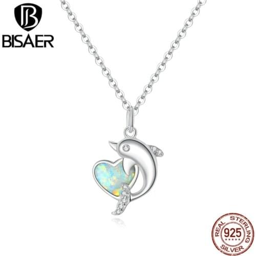 BISAER Dolphin with Heart Necklace 925 Sterling Silver Zircon Chain Link For Female Jewelry 45cm Adjustable Necklace ECN412