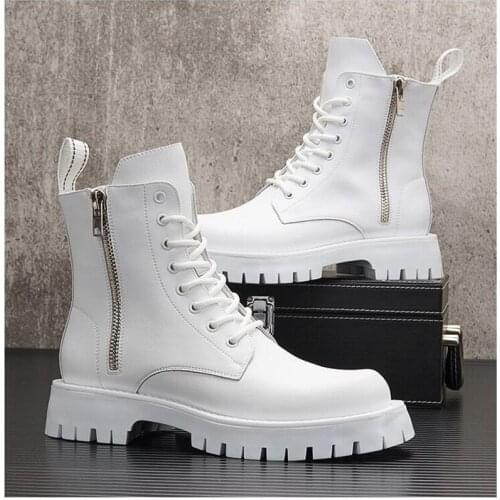 White Men Casual martin boots Punk High Tops Motorcycle Ankle Boots Height Increasing shoes Zapatillas Hombre