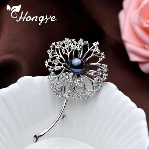 Hongye Fashion Freshwater Flower Pearls Pin Dandelion Shaped White Copper Jewelry Brooches for Women Elegant Scarf Accessories