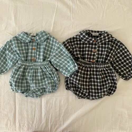 2021 Childrens Clothing Spring Models Boy Girl Baby Plaid Top Shorts Set Small New Plaid Fashion Toddler Girls Clothes Blouse
