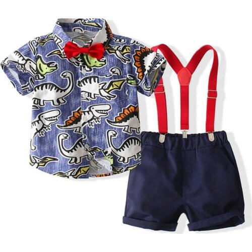 1-6Y Kids Baby Boys Clothes Set 2021 Summer Children Dinosaur Print Short Sleeve Lapel Shirts +Suspender Shorts Overalls Outfits