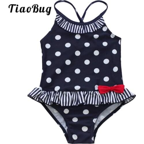TiaoBug Summer Kids Girls Black One-piece Polka Dots Ruffles Swimsuit Swimwear Children Swimming Leotard Beachwear Bathing Suit