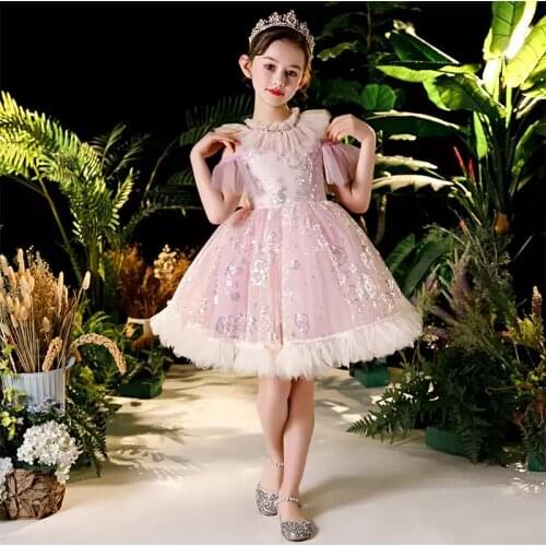 Flower Girl Dresses Illusion O-Neck Short Crystal Sequined Princess Knee-Length Tulle Lace Off The Shoulder Kids Party Gown H451