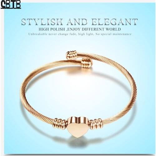 Womens Rose Gold Stainless Steel Adjustable Fashion Couple Cuff Bracelet Heart Shaped Romantic Pendant Luxury Jewelry Bracelet
