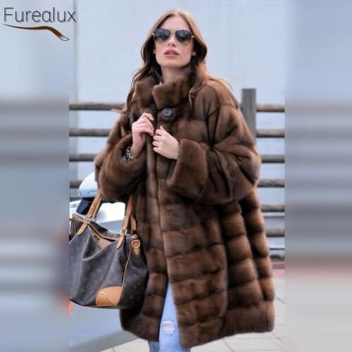 FUREALUX Fashion Real Mink Fur Coat Authentic Mink Fur Winter Thicken Warm Womens Popular Jacket Street Style 2021 New Trend