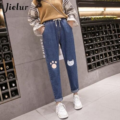 Jielur Harajuku Plus Size Jeans Woman Japanese Kawaii Cat Foot Printed High Waist Jeans Mujer Pockets Loose Harem Jeans Trousers