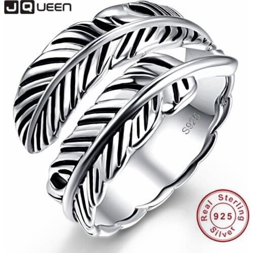 JQUEEN Surrounded By Retro Feathers 925 Sterling Silver Opening Ring for Women Wedding and Engagement Ring