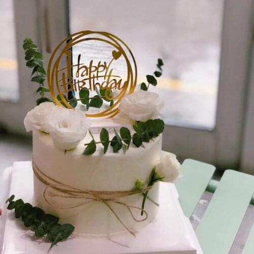Round shape mirror gold happy birthday cake topper gold them birthday party decoration cake decorating baby shower