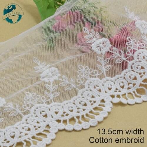3yards 13.5cm wide white lace cotton embroid lace sewing ribbon fabric guipure diy trims warp DIY Garment Accessories#3807