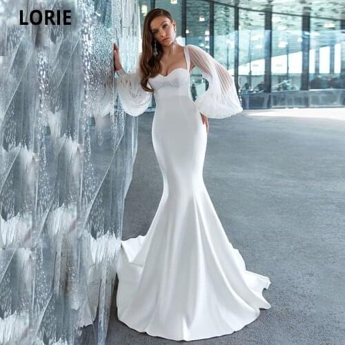 LORIE 2020 Wedding Dresses Mermaid With Puffy Sleeve Sweetheart Neck Satin Bridal Gowns Open Back Simple Princess Party Dress