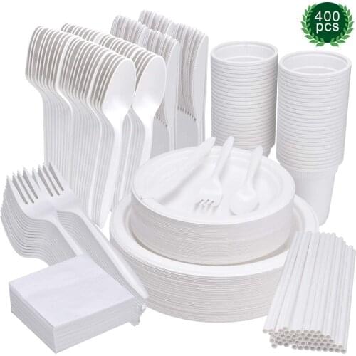 400 Pcs Disposable Tableware Set Biodegradable Plates Compostable Dinnerware Kit Napkins Knives Forks Spoons Cups Straws