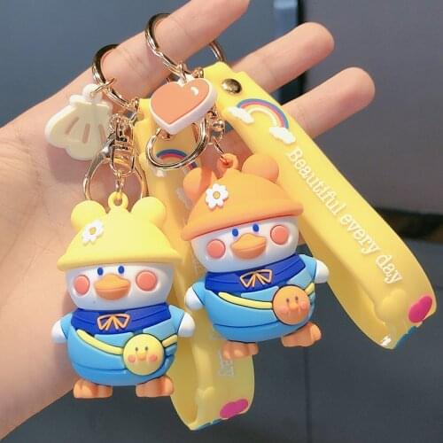 New PVC Cartoon Duck Keychain Orange Yellow Blue Hatted Car Keyring Bag Couple Pendant Soft Lanyard Doll Gift Stationery