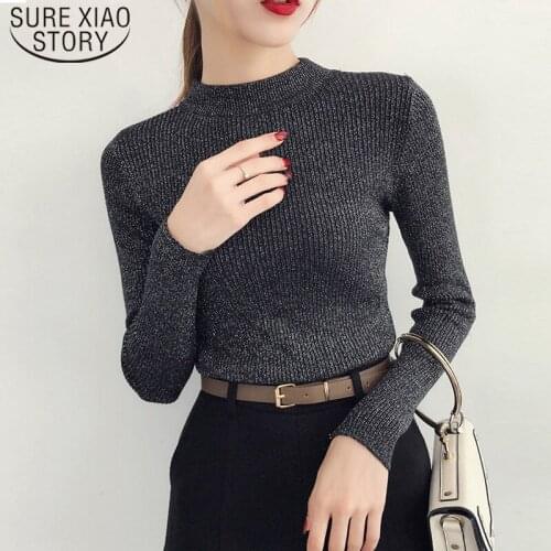 2021 Autumn Winter Black Sweater Women Shiny Pullover Women Knitted Sweater Femme Long Sleeve Turtleneck Sweater White Tops 5042