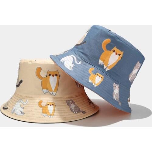 2021 cotton Cartoon cat print Bucket Hat Fisherman Hat outdoor travel hat Sun Cap Hats for Men and Women 352