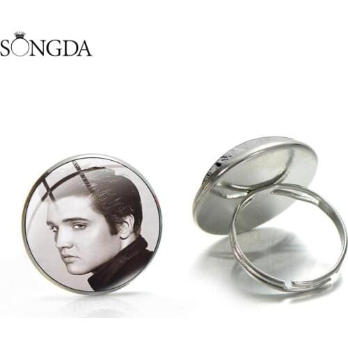 Rock Star Elvis Presley Rings Hand Craft Glass Photo Cabochon Adjustable Size Rings Men Women Finger Decorative Jewelry