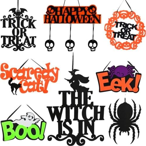 The Witch Is In Halloween Hanging Sign Bat Spider Ghost Skull Pendant For Halloween Door Ornaments Bar Haunted House Decor Props