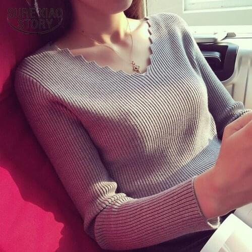 Autumn Women Clothing Sweet Elasticity Sweater Women Fashion V-neck Long-sleeve Knitted Sweater Female Jumper Pullover 7113 50