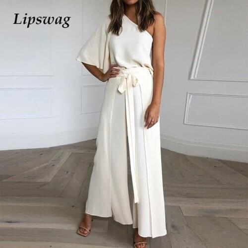 Sexy Off Shoulder Office Lady Sets Women Casual Wide Leg Two Piece Set Outfits Summer Fashion Elegant Solid Lace-Up Party Suits