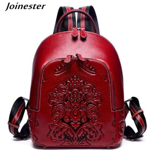 Genuine Leather Backpack for Women Vintage Embossing Bags Ethnic Daypack Girls School Satchel Mochila Bags for Lady Casual Bags