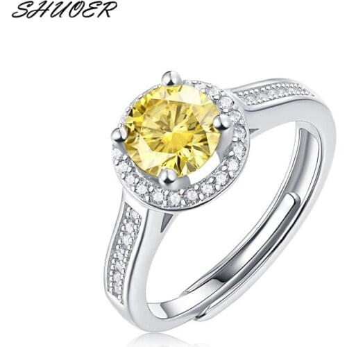 Classic 925 Sterling Silver 1 Carat 6.5mm Brilliant Cut Diamond Test Past Round Yellow Moissanite Engagement Ring Women Jewelry